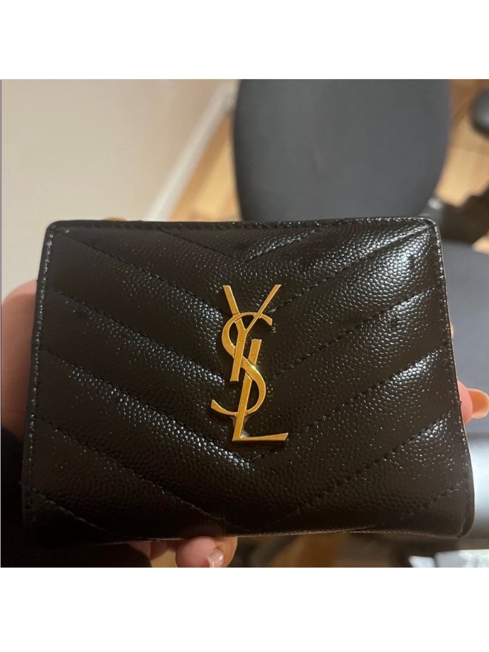 Saint Laurent Black Quilted Leather Mini Wallet with Gold YSL Emblem